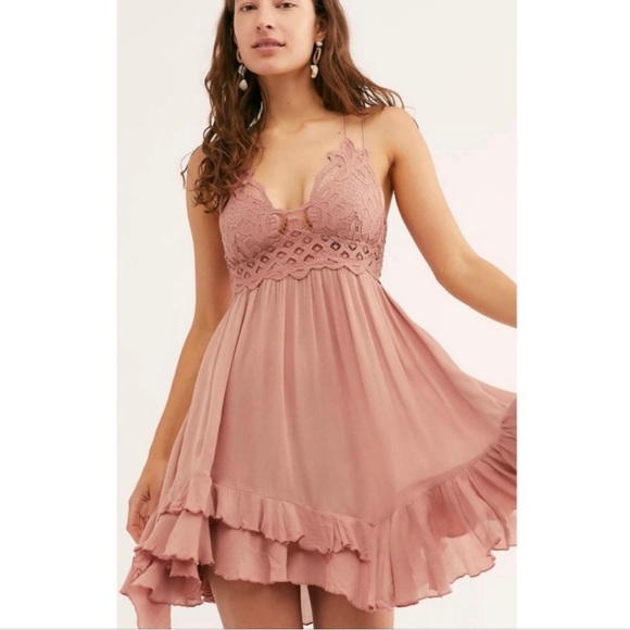 Free People Adella Slip Rose Pink Mauve Lace Strappy Mini Dress ποΈ - Picture 2 of 2